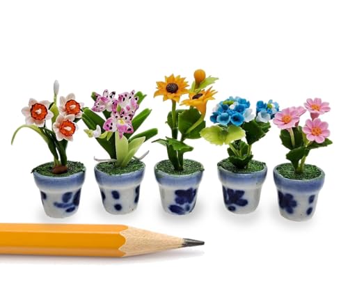 WitnyStore Tiny 1½" High 5 Pieces Set Mix Sunflower Orchid Hydrangea Zinnia - Hand Made Artificial Flowers Colorful Miniature Realistic Clay Flower Plant Pots Blooming House Plants Indoor Decoration