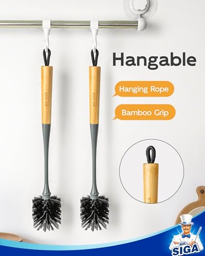 MR.SIGA Water Bottle Brush, Long Handle Bottle Brush for Sports Bottles | bottle brushes for cleaning, drinking glasses brush with bamboo handle, 5.7 cm(2.2 inch) wide brush head, 2 pack - color: Gray