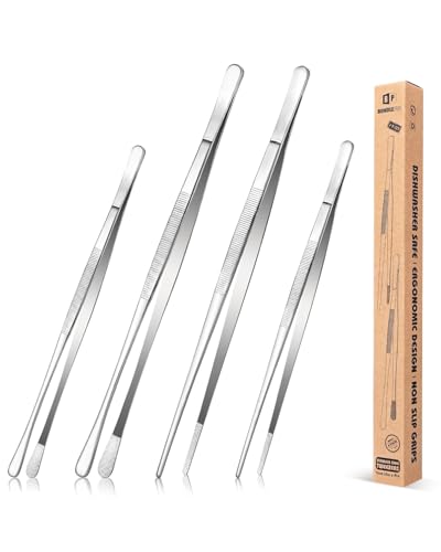 4 Pcs Fine Long Tweezer Tongs Professional Silver, 12'' and 10'' Stainless Steel for Kitchen, Food, Cooking, Repairing, Sea food and BBQ - color: Silver