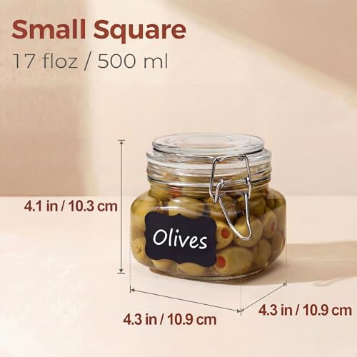 17 oz Square Glass Jars with Airtight Lids, 6 Pack Mason Jar with Clamp Lid | Air Tight Glass Food Storage Containers with Lids Keep Food Dry & Fresh, Best Canister for Flour, Sugar, Cereal, Rice, Coffee - color: Square-17OZ Set- 6 Pack