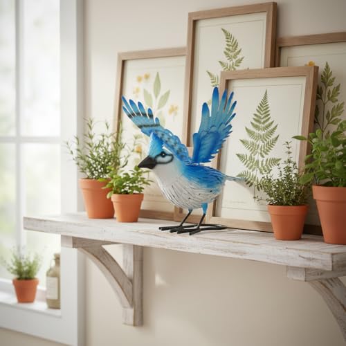 Cruis Cuka 9.5" Blue Jay Garden Decor, Hand-Painted Metal Bird Sculpture, Weatherproof Yard Art for Patio, Farmhouse Spring Gift