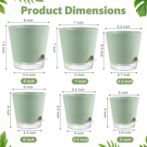 QRRICA 5/5.5/6/6.5/7/8 inch Self Watering Pot Set, Visible Water Level Planter with Transparent Reservoir & Drainage Holes, Plastic Flower Pots with Cotton Rope for Indoor/Outdoor Use (Green) - color: Green