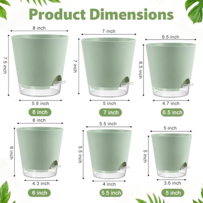 QRRICA 5/5.5/6/6.5/7/8 inch Self Watering Pot Set, Visible Water Level Planter with Transparent Reservoir & Drainage Holes, Plastic Flower Pots with Cotton Rope for Indoor/Outdoor Use (Green) - color: Green