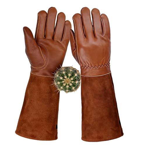 Leather Long Gardening Gloves for Men and Women, Rose Pruning and Cactus Thorn Proof Gloves, Cowhide Yard Work Gloves (Brown Medium) - size: Medium