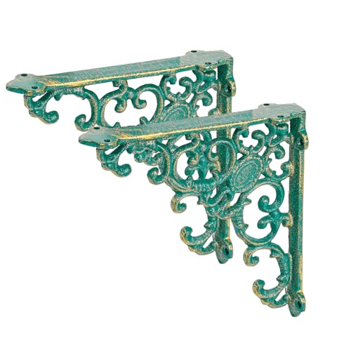 Sungmor Vintage Cast Iron Shelf Brackets - 2 Pack 7.7 Inch Rustic Green | Ornate Decorative Corner Shelf Supports,Garden Wall Hanging Bracket,Metal Corbels with Scroll Design, Indoor Outdoor Use - size: Vintage Green - 7.7inch