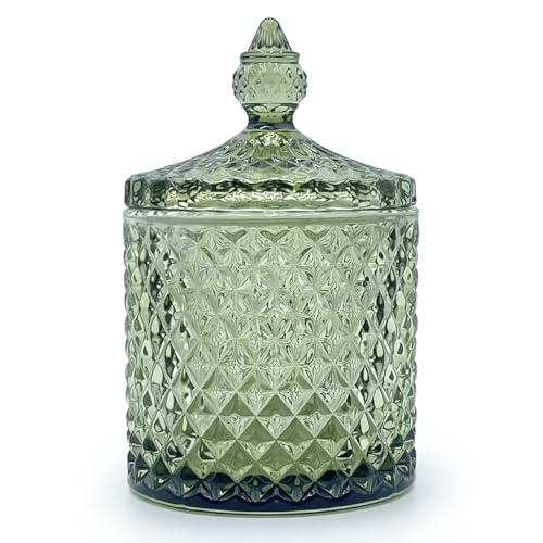 Colorful Glass Jar With Lid,Candy Cookie Jars,Jewelry Box,Christmas Decorative Jar(Olive Green) - color: Pointed Cylinder-Olive Green