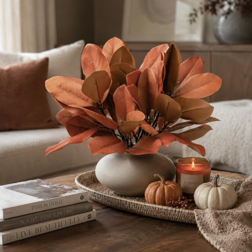 4 Pcs Fall Magnolia Silk Leaves Branches 25.6 Inch 3D Real Touch Autumn Faux Magnolia Stems Fake Orange Leaves Twigs for Indoor Outdoor Vase Filling Home Wedding Decoration - color: (G) 4 Pcs 25. 6 Inch Orange