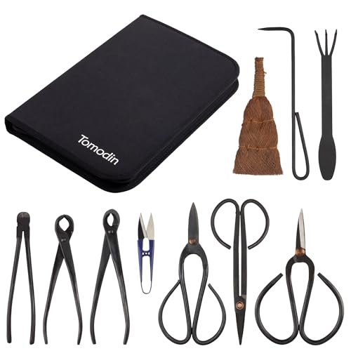 BambooMN Bonsai 10pc Advanced Care Set, Black Carbon Steel Tools, Shears, Concave & Knob Cutter, Wire Cutter, Trimming Scissor, Beginner Friendly - color: 10-Piece Bonsai Set