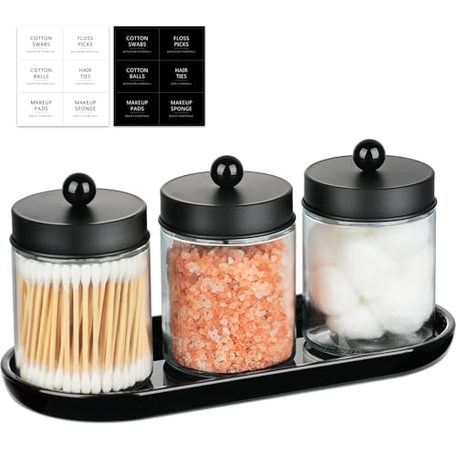 SheeChung 3 Pack Glass Apothecary Jars with Acrylic Vanity Tray | Bathroom Jars with Lids Set with for Qtip, Cotton Ball, Floss Picks - Modern Industrial Style - Bathroom Organizer (Black) - color: Black+SS Lid
