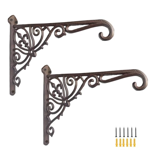 Z metnal Cast Iron Plant Hanger - 12 inch Rustic Wall Mounted Hanging Basket Holder for Outdoor Garden, Patio, Porch Decor - Heavy Duty Metal Hook Bracket - color: Black