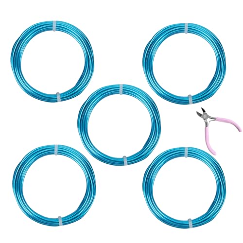 5 Rolls Aluminum Craft Wire Kit with Side Cutter Pliers, Multi-Size [18/15/12/10/9] Gauge, Flexible Metal Wire Set for Jewelry Making, Bonsai and Sculpting (82 Ft Total, 16.4 Ft/Roll, Aqua Blue) - size: 5 Gauges Set 16.4Ft Each, style: Aqua Blue