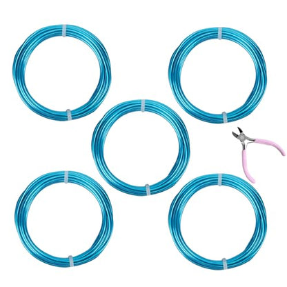 5 Rolls Aluminum Craft Wire Kit with Side Cutter Pliers, Multi-Size [18/15/12/10/9] Gauge, Flexible Metal Wire Set for Jewelry Making, Bonsai and Sculpting (82 Ft Total, 16.4 Ft/Roll, Aqua Blue) - size: 5 Gauges Set 16.4Ft Each, style: Aqua Blue