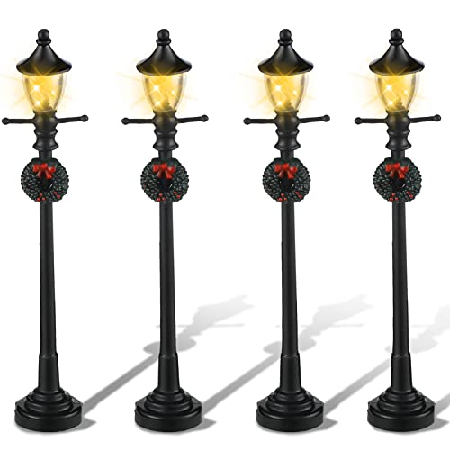 Mudder 4 Pcs 4 Pcs Christmas Miniature Village Lamp Post Light, Vivid | Vintage Lantern for Dollhouse Pathway, Train Layout, Lighted Black Design with Wreath, Fairy Garden Tabletop Accessory - color: Vivid Style