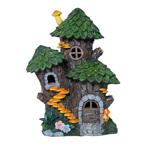 Solar Garden Tree Fairy House Outdoor Statues Yard Resin Decoration | Handmade Housewarming Gift for Patio Yard Lawn Waterproof Cracking - color: Green House