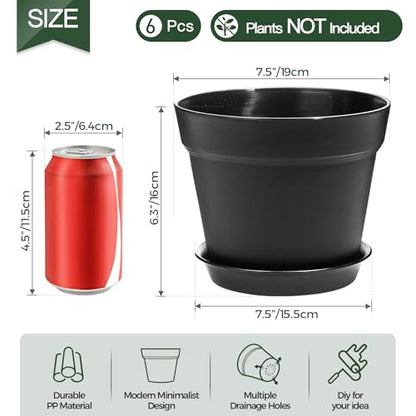 T4U 7.5 Inch Plant Pots 6 Pcs, Flower Pots for Indoor Plants Plastic Pots for Plants with Drainage Holes and Saucer, Planters for Indoor Plants for House Cactus Succulent Black | Indoor houseplant use, Peace lily orchid and herbs, Drainage design, Lightwe