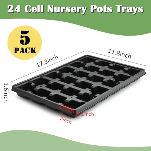 24 Cell Nursery Pots Trays 5 Pack (17"x11"x1.6"), Reusable Plant Pot Tray for Holding 2.8 inch (7CM) Square Nursery Pots, Durable Plastic Carrying Seed Starter Tray with Drain Holes (Black) - color: Black, size: 24 Cell Trays-5 Pack