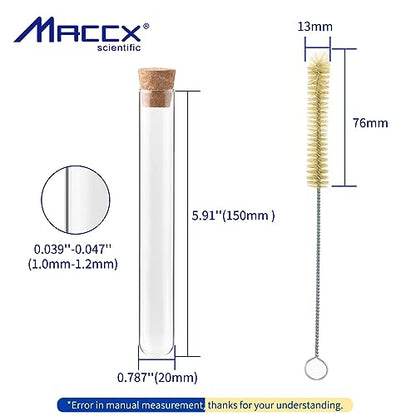 Glass Test Tubes with Cork and Brush, Vol.34ml/Dia.20x150mm, Pack of 50, 3.3 Borosilicate Glass, TTGS01-050 - style: 50pcs of Vol.34ml, with cork& brush