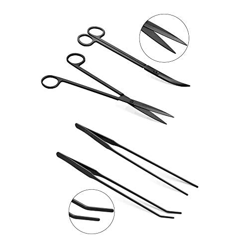 Aquascaping Tools 7 in 1 Kit Aquarium Plant Scissors Tools Set Curved & Waved Scissor Tweezers Spatula Stainless Steel Anti Rust Tools for Aquascape Black