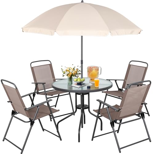 Vongrasig 6 Pieces Folding Patio Dining Set, All Weather Small Metal Outdoor Table and Chairs Set, Patio Furniture Set w/Umbrella, Glass Table & 4 Folding Chairs for Garden, Lawn, Backyard, Brown - color: Brown