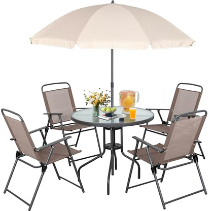 Vongrasig 6 Pieces Folding Patio Dining Set, All Weather Small Metal Outdoor Table and Chairs Set, Patio Furniture Set w/Umbrella, Glass Table & 4 Folding Chairs for Garden, Lawn, Backyard, Brown - color: Brown