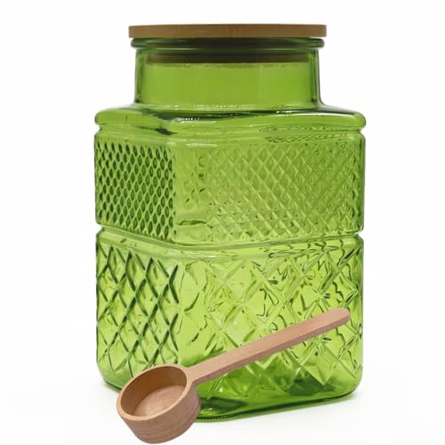Viovian 60oz Green Glass Jar with Scoop Square Glass Storage Jars with Bamboo Lid,Vintage Glass Coffee Canister for Food Nuts Decorative - color: Green, size: Square 60 oz