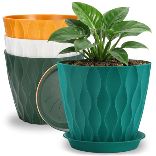 YNNICO 8 inch Plant Pots, 4 Pack Flower Pots Outdoor Indoor, Planters with Drainage Hole and Tray Saucer-Multicolor - color: Multicolor, size: 8 inch-4 pack