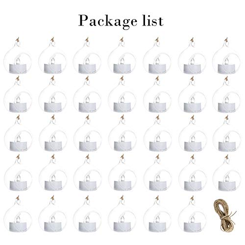 Sziqiqi Hanging Glass Globes Orbs Tea Light Candle Holders with Flameless LED Tealight for Wedding Ornaments, Wedding Birthday Christmas Party Centerpiece Accessory 2.36inch 30pcs +6 Extra | Glass Ball Fillable with Trinkets, for Wedding Ornament, Christm