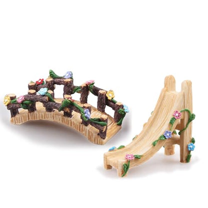 Kai Dream Miniature Fairy Garden Accessories Set, 2 Piece Resin Decorative Landscape Kit with Bridge and Slide, Floral Garden Ornaments - style: Slide, Bridge Set