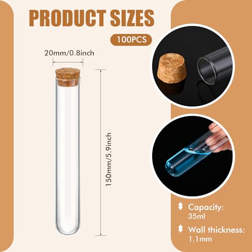 Thyle Glass Test Tubes with Cork Clear Stoppers Round Bottom Lab Test Alcohol Tampons Glass Tubes Container Vials for Plants Scientific Experiments Candy Storage Party Favors (200pcs,20x150mm/35ml) - size: 20x150mm/35ml