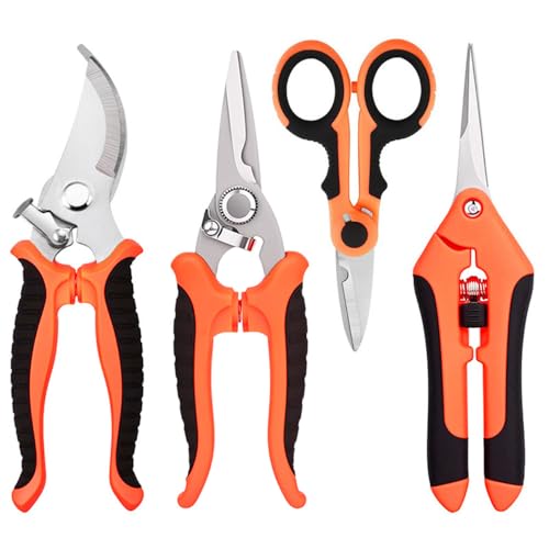 HoMaNa 4 Pack Garden Shears Pruning Set, Stainless Steel Multi-Blade | Sharp stainless steel blades with safety lock, spring ergonomic grips reduce hand strain, for flowers, bonsai garden - color: Orange