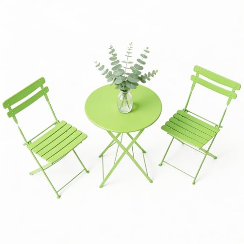 GarveeHome 3 Piece Foldable Patio Bistro Set, Outdoor/Indoor Metal Table and Chairs Furniture, Compact Round Table with 2 Folding Chairs for Balcony, Porch, Garden, Apartment, Small Space, Grass Green - color: Grass Green, size: 3-Piece (Round Table)