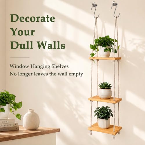 Window Plant Shelves, 3-Tier Window Shelf for Plants, Hanging Plant Shelf for Windows, Painted Wood Window Sill Shelf for Plants, Macrame Plant Hanger, Boho Decor for Living Room Bedroom Wall