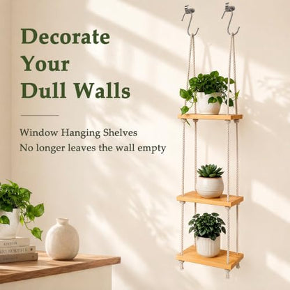 Window Plant Shelves, 3-Tier Window Shelf for Plants, Hanging Plant Shelf for Windows, Painted Wood Window Sill Shelf for Plants, Macrame Plant Hanger, Boho Decor for Living Room Bedroom Wall