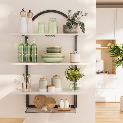 XLHOMO Floating Shelf for Wall- 31.5"x 24" 3+1 Tier White Bathroom Floating Shelves with Basket for Bathroom, Living Room,Bedroom and Kitchen - color: White