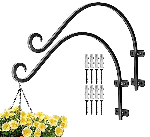 Monarch Abode Plant Hangers – Wall Mount Plant Hooks for Hanging Baskets, 14 Inch Metal Black Fence Wall Plants Hanger for Outdoor Indoor, Flower Pot, Bird Feeder, Wind Chime Bracket, 2 Pack - color: Black