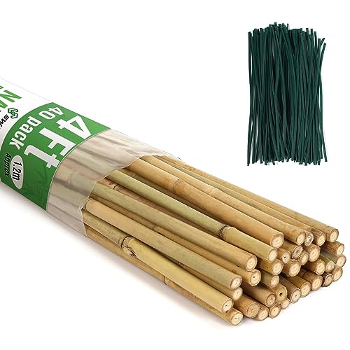 SWANGSA 40 Pack 4 Feet Bamboo Stakes for Plant, Bamboo Sticks Plant Support Garden Stakes Poles with 200pcs Twist Ties for Tomatoes, Beans, Flowers, Potted Plants, Indoor and Outdoor Climbing Plants - size: 4 Feet