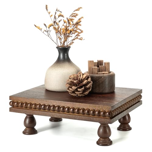 EOSAHR Acacia Wood Riser: Pedestal Stand for Home Decor, DarkBrown | Beaded Edge Design, Mini Display Stand, Soap Dispenser Holder, Plant Stand, Coffee Table Accent, Apartment Essentials - color: Dark Acacia