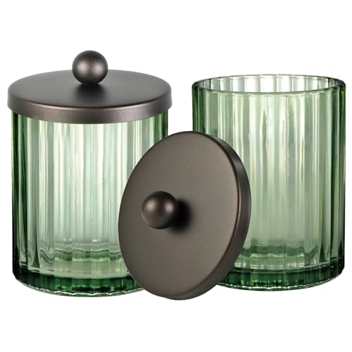 Amolliar Green Glass Qtip Holder Apothecary Jar Metal Lid (Bronze 2 Pack) | Canister for Cotton Balls, Makeup Pads, Floss Picks, Bathroom Essential Accessory, Countertop Q Tip Holder Storage Organizer - color: Bronze, size: 2 Pack