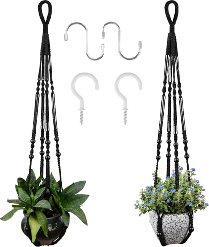 RIFNY Macrame Plant Hanger Indoor, Hanging Plant Holder, Black, 2 PCS | 35 Inch Hanging Planter with Hooks, Fits 5-10" Pots, Suitable for Ceiling, Wall and Window Indoor Plant, Boho Home Decor - color: Black, size: 35 Inch 2pcs