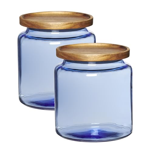 Anchor Hocking Coastal Blue Montana Jar set with lids (2-piece, 96-ounces, acacia wood lid) - style: Montana