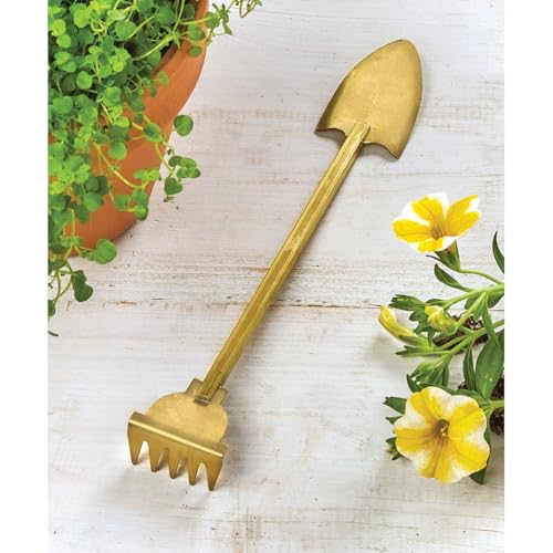 Bits and Pieces Mini Garden Tools, Solid Brass - Gardener Gifts | Bonsai Tree, Succulent Gardening Tools, Dual-Ended Rake and Spade, Indoor Plants, Potted Plants
