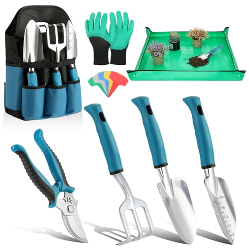 Housolution Gardening Tools Set, 8PCS Gardening Gifts for Women, Blue+Black | Heavy Duty Garden Tools with Non-Slip Rubber Grip with Large Garden Bag for Tools Aluminum Alloy Hand Tools for Gardening Men - color: Blue+Black