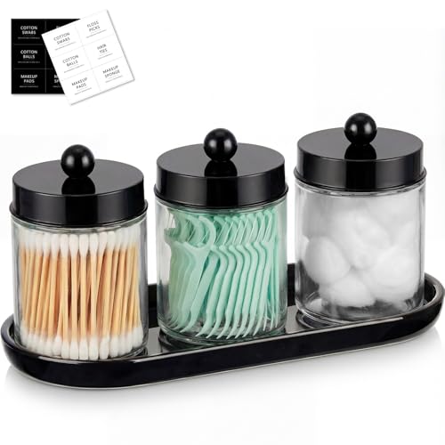 SheeChung 3 Pack Glass Apothecary Jars with Acrylic Vanity Tray | Cotton Round Holder, Countertop Guest Canister Bathroom Organizers and Storage for Cotton Swabs/Balls, Floss Picks - color: Black