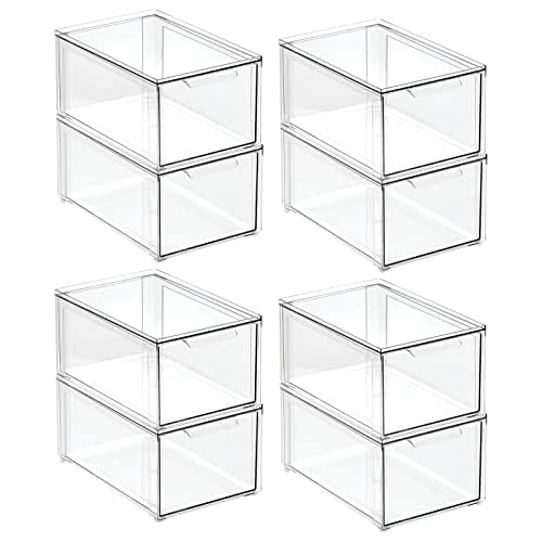 mDesign Plastic Stackable Bathroom Storage Organizer Bin with Pull Out Drawer for Cabinet, Vanity, Shelf, Cupboard, Cabinet, or Closet Organization - Lumiere Collection - 8 Pack - Clear - size: 8 x 12 x 6 (Pack of 8)