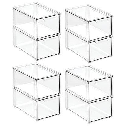 mDesign Plastic Stackable Bathroom Storage Organizer Bin with Pull Out Drawer for Cabinet, Vanity, Shelf, Cupboard, Cabinet, or Closet Organization - Lumiere Collection - 8 Pack - Clear - size: 8 x 12 x 6 (Pack of 8)