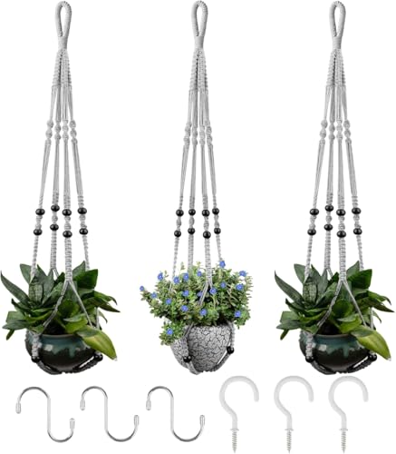 RIFNY Macrame Plant Hanger Indoor, Hanging Plant Holder, Grey, 3 PCS | 35 Inch Hanging Planter with Hooks, Fits 5-10" Pots, Suitable for Ceiling, Wall and Window Indoor Plant, Boho Home Decor - color: Gray, size: 35 Inch 3pcs