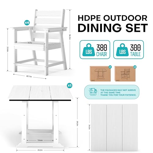 5 Piece Patio Dining Set, HDPE All-Weather Furniture,White | Waterproof 4 Chairs with Armchair Seat & 1 Square Table, Natural Wood Look for Backyard, Garden, Patio - color: White, size: Square 5-Piece Dining Set