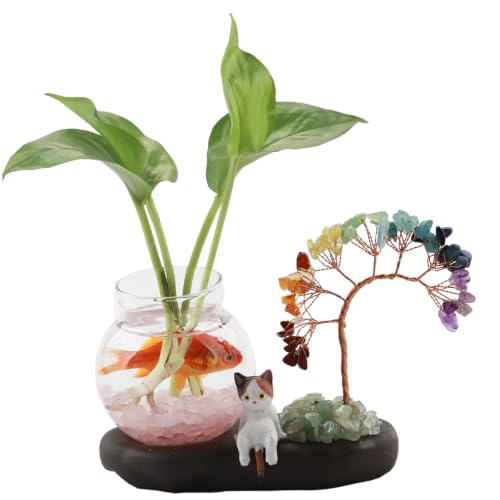 Mini Plant Propagation Station, Chakra Crystal Tree Hydroponic Glass Vase | Cute Cat Figurine, Home Office Desks Aesthetic Decorations, Gift for Women Plant Lovers and Cat Lover - color: Chakra