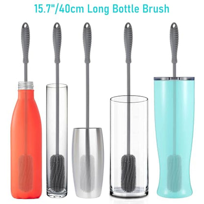 15.7" Silicone Bottle Brush, ddLUCK Water Bottle Cleaner Brush for Stanley, Hydroflasks, Glass, Thermos Sports Bottle, Vase and Glassware, Bottle Brush Cleaner for Small Narrow Neck Containers (Gray) - color: Long Grey