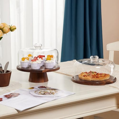 VIVIRBIEN Wooden Cake Stand with Lid: 11in Stand w/Magnetic Pedestal | Durable Glass Dome-Solid Acacia Holder-Multi-use for Dessert/Cupcake-Ideal for Kitchen/Birthday/Party/Decor/Charcuterie